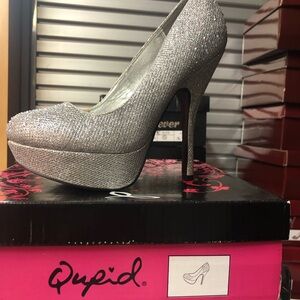 Qupid Silver Glitter Platform Heels